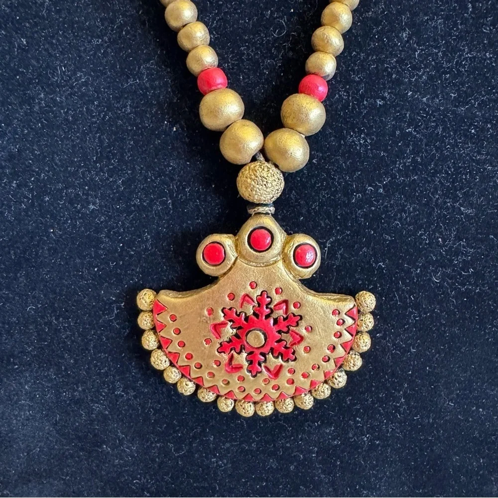 Terracotta Necklace Indian Bollywood Style Gold Red Temple Wedding Jewelry - Picture 3 of 16